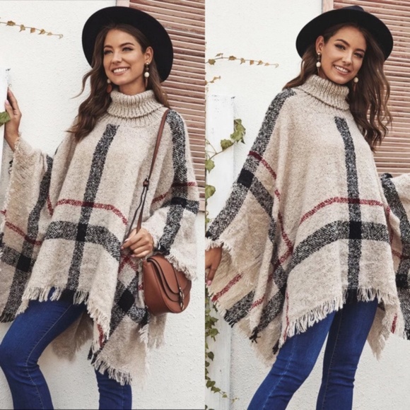 Sweaters - cream Turtleneck knit fringe hem  plaid poncho